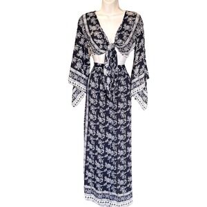 RAGA Boho Navy Blue White Floral Tie Front Bell Sleeve Crop Top & Maxi Skirt Set